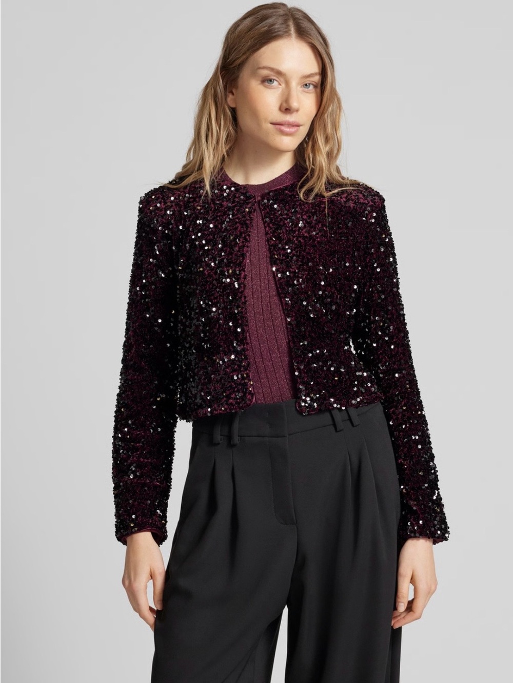 Mango Sequined Velvet Cropped Jacket - Wine
